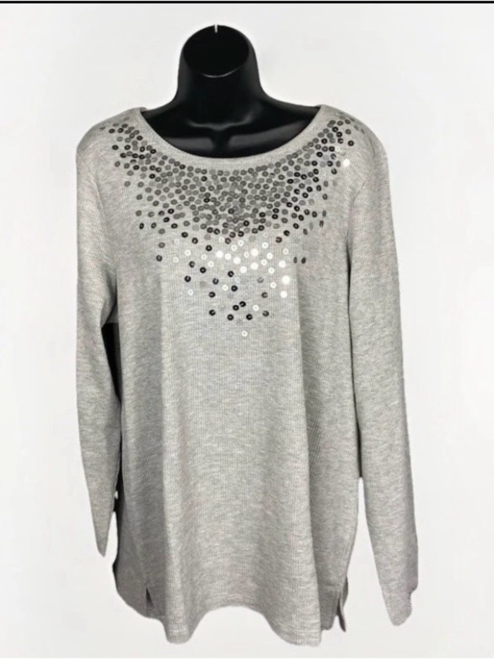Quacker Factory Gray Sequin Embellished Thermal Top Women’s L Grunge Glam Y2K